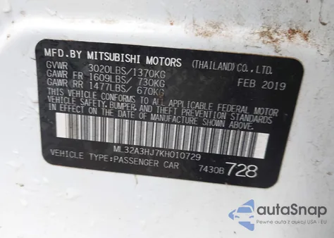2019 Mitsubishi Mirage Rf из США, поврежденный, VIN ML32A3HJ7KH010729
